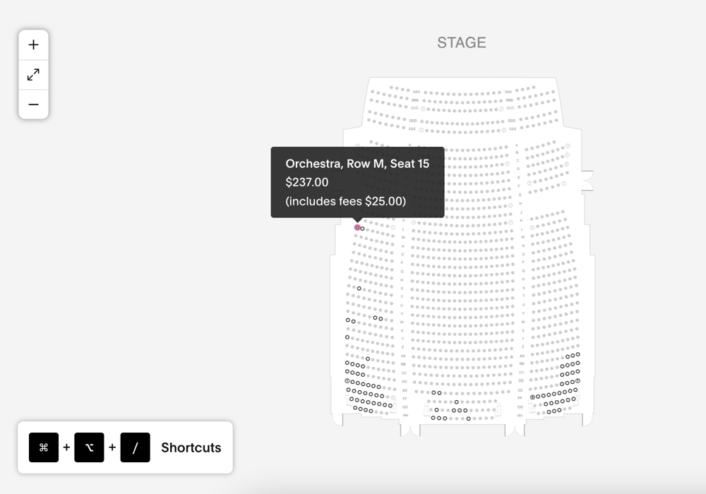 A theatre seat map with a keyboard-focused seat highlighted, showing a tooltip for Orchestra, Row M, Seat 15 at $237.00, zoom controls, and a keyboard shortcuts panel.